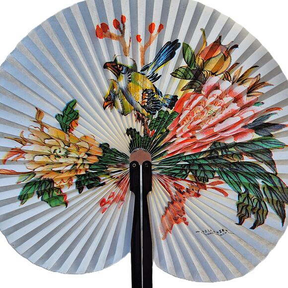 Vintage Hand Painted Floral Accordion Hand Held Paper Fan - Picture 2 of 10